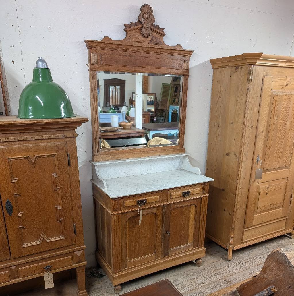 Oak and Marble Washstand with Mirror