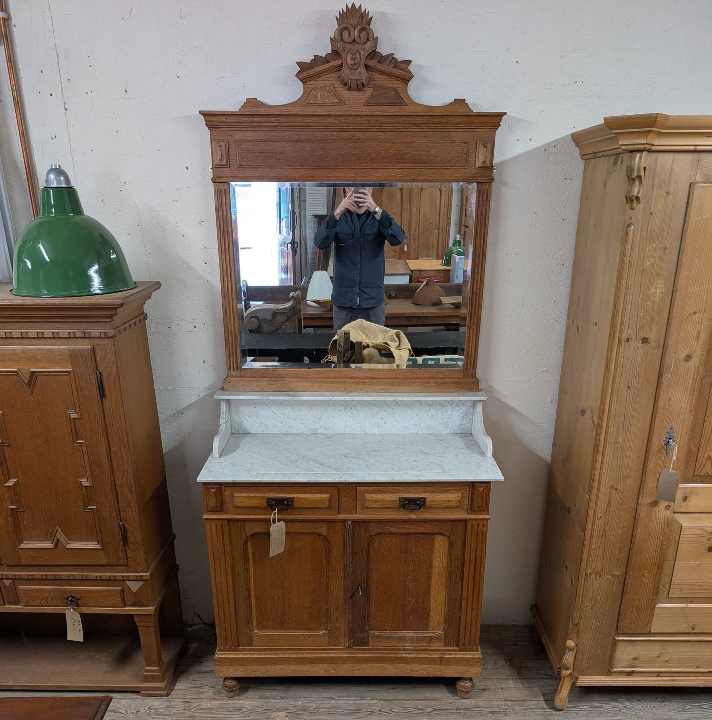 Oak and Marble Washstand with Mirror