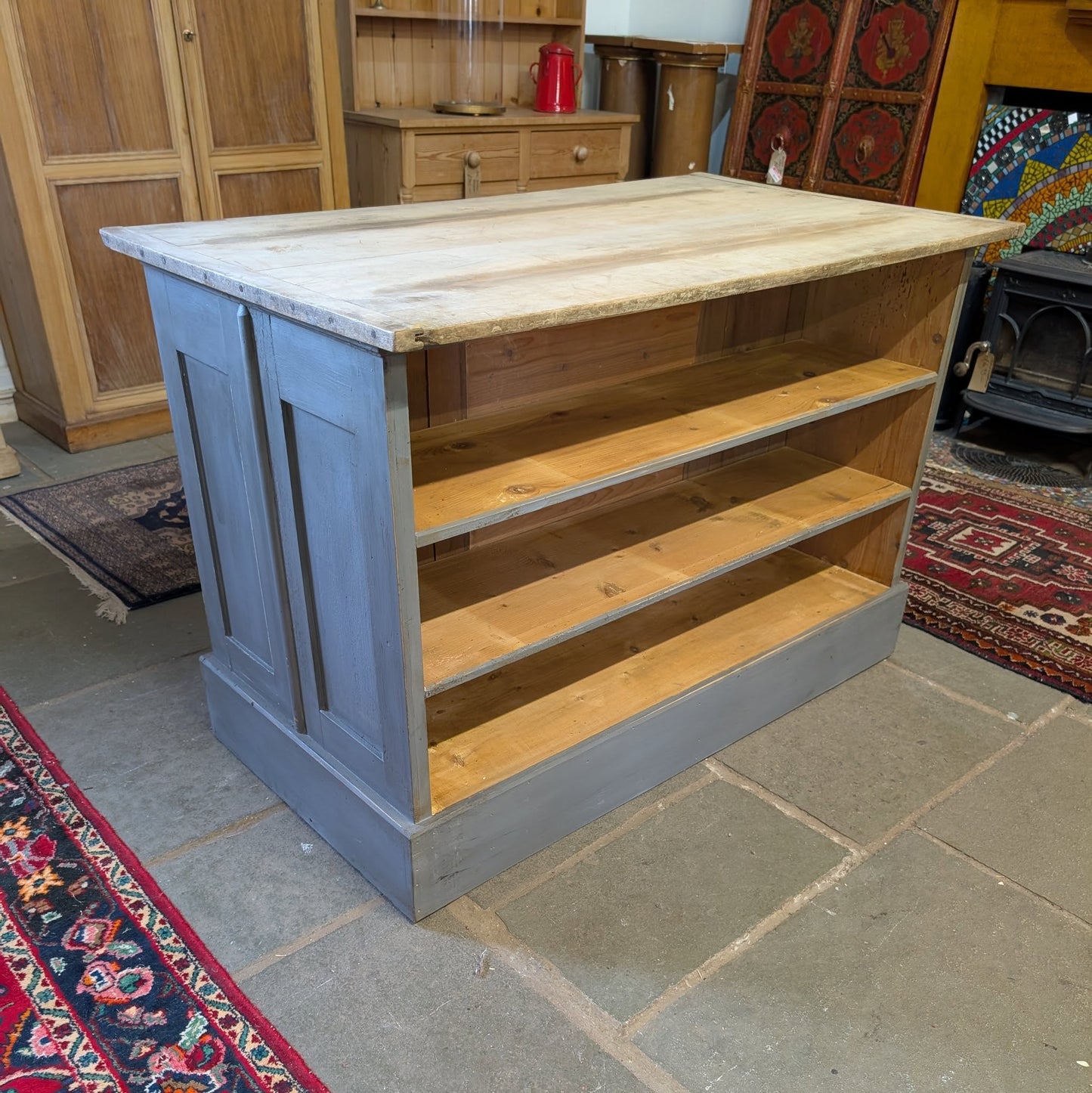 Pale Grey Kitchen Island with Rustic Top