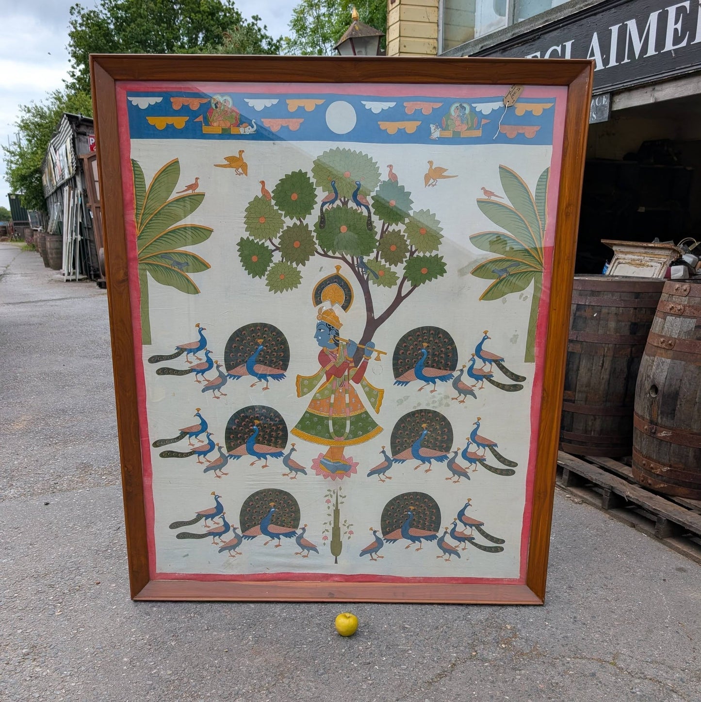 Very Large Indian Cloth Painting of Krishna & Peacocks