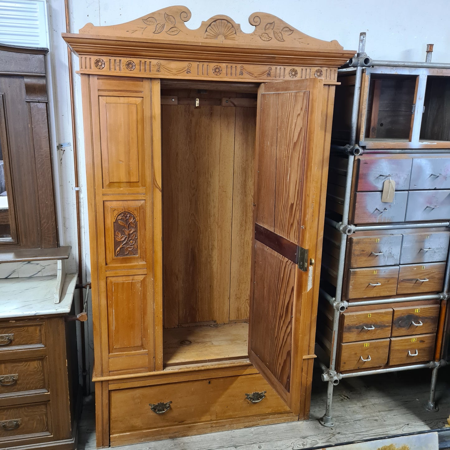 Shallow Carved Wardrobe with Large Drawer and Mirror