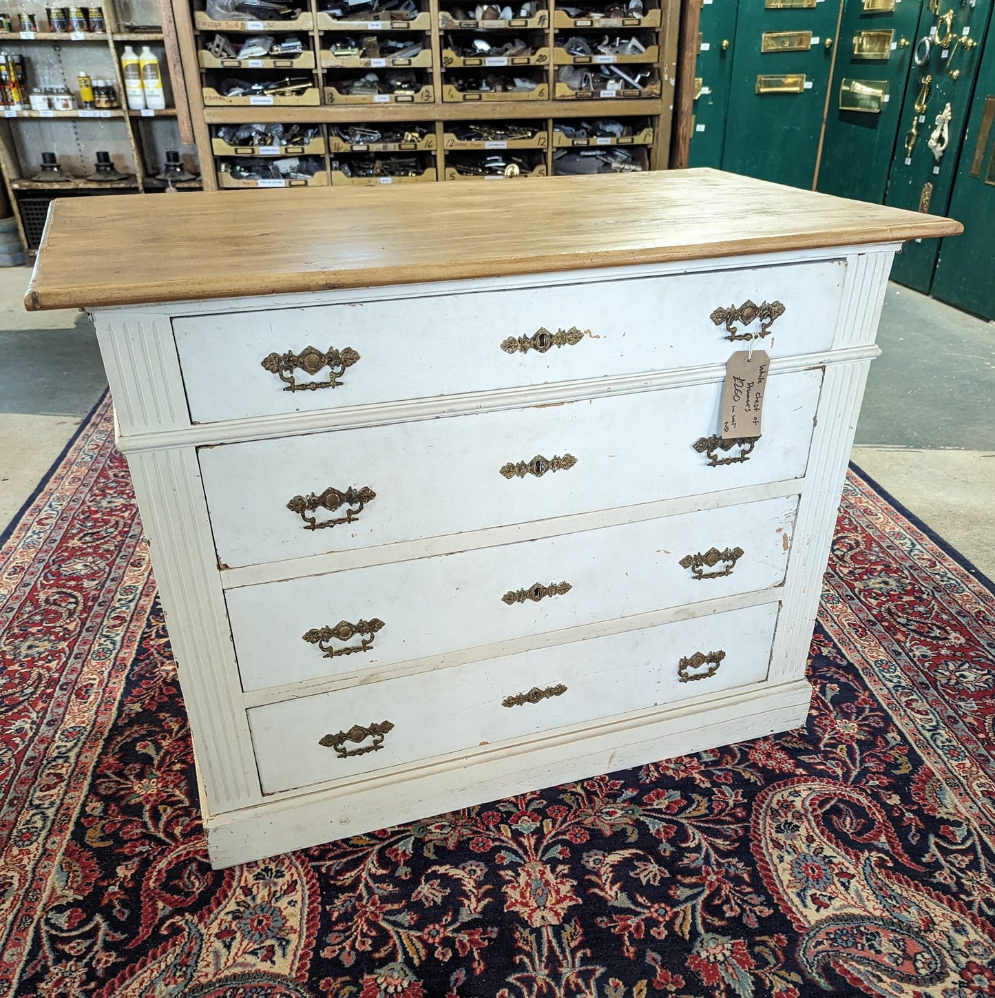 Old White Painted French Chest of Drawers with Pine Top