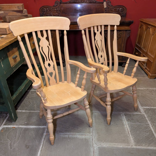 Pair of High Back Beech Carver Chairs