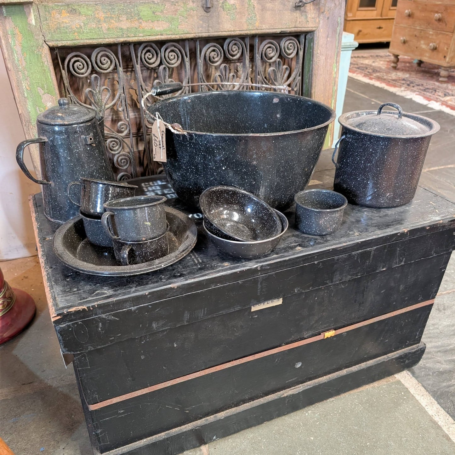Set of Speckled Black Enamel Campware
