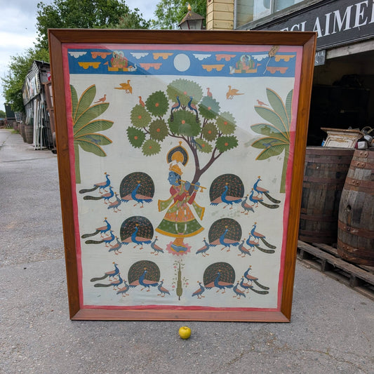 Very Large Indian Cloth Painting of Krishna & Peacocks
